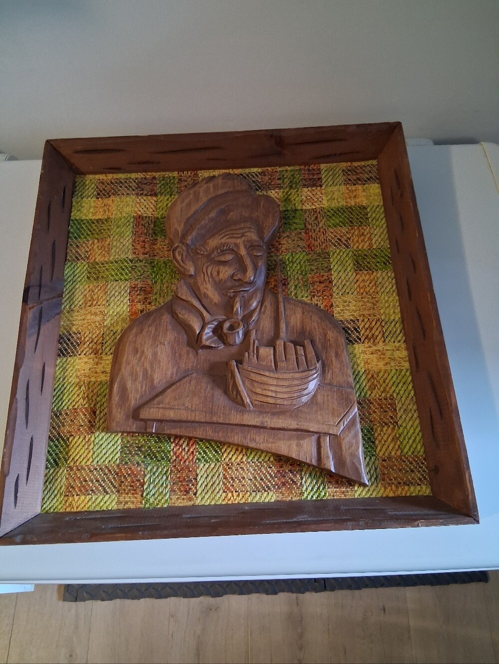 Vintage M. Boisvert Hand-Carved Wood Plaque– Quebec Folk Art Fisherman